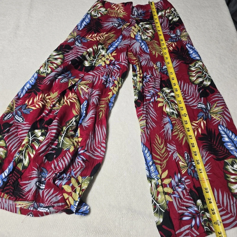 Tropiko Women's Wide Leg Split Pants‎ Red Tropical Floral Print Boho Summer S,M